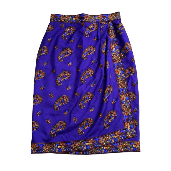 Vintage 90s Carlisle Regal Blue Silk Blend Paisley Print Faux Wrap Skirt - Picture 1 of 11